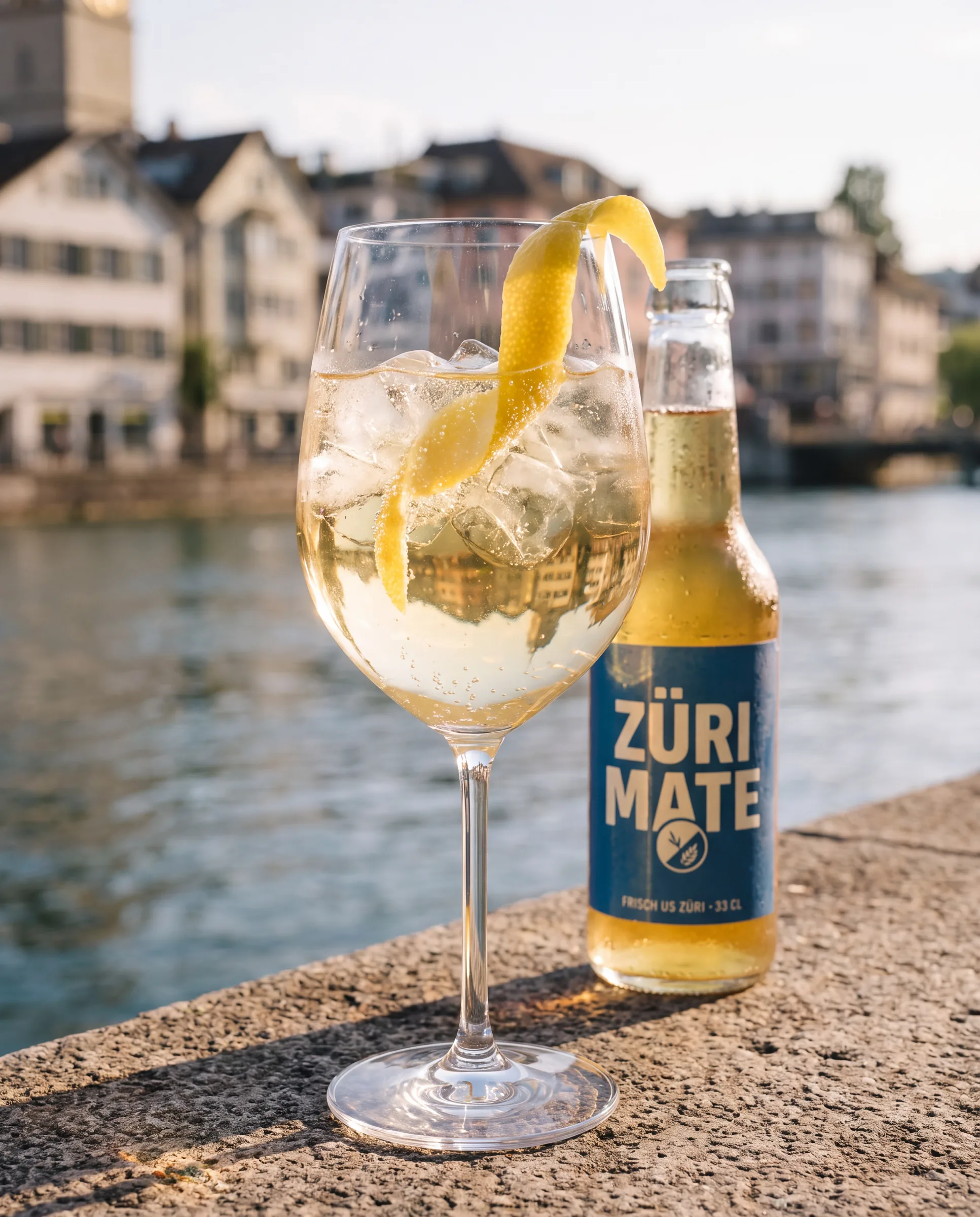 Limmat Spritz mit Zitronenzeste und Züri-Mate-Flasche an der Limmat