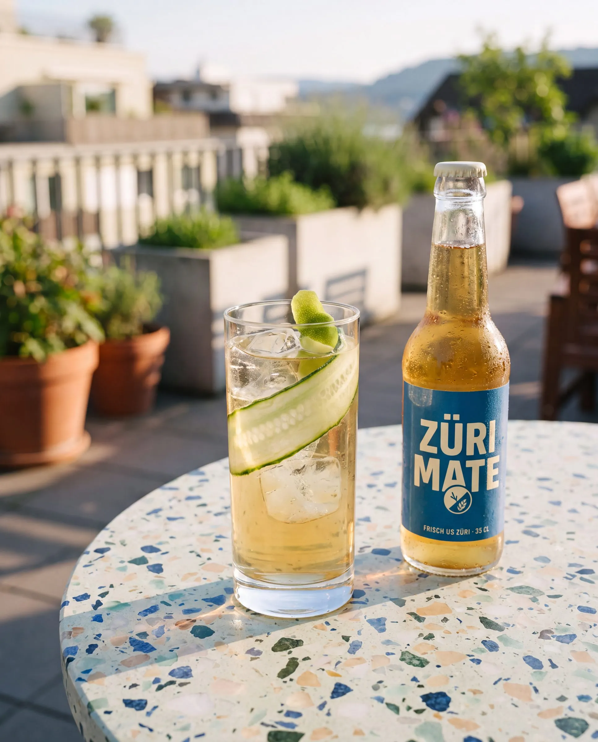 Mate Tonic mit Gurke auf einer Terrasse
