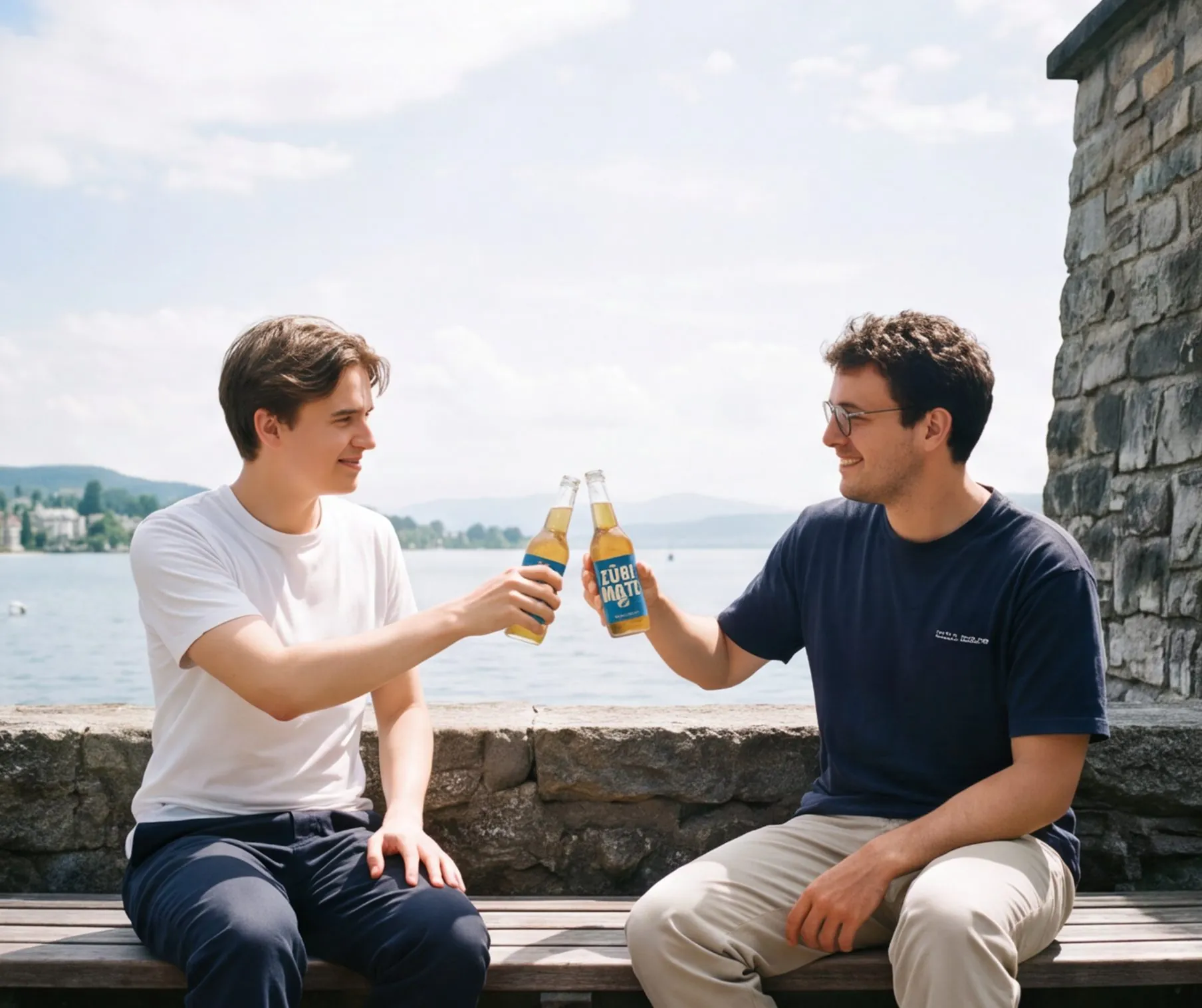 Zwei Freunde stossen am Letten mit Züri Mate an