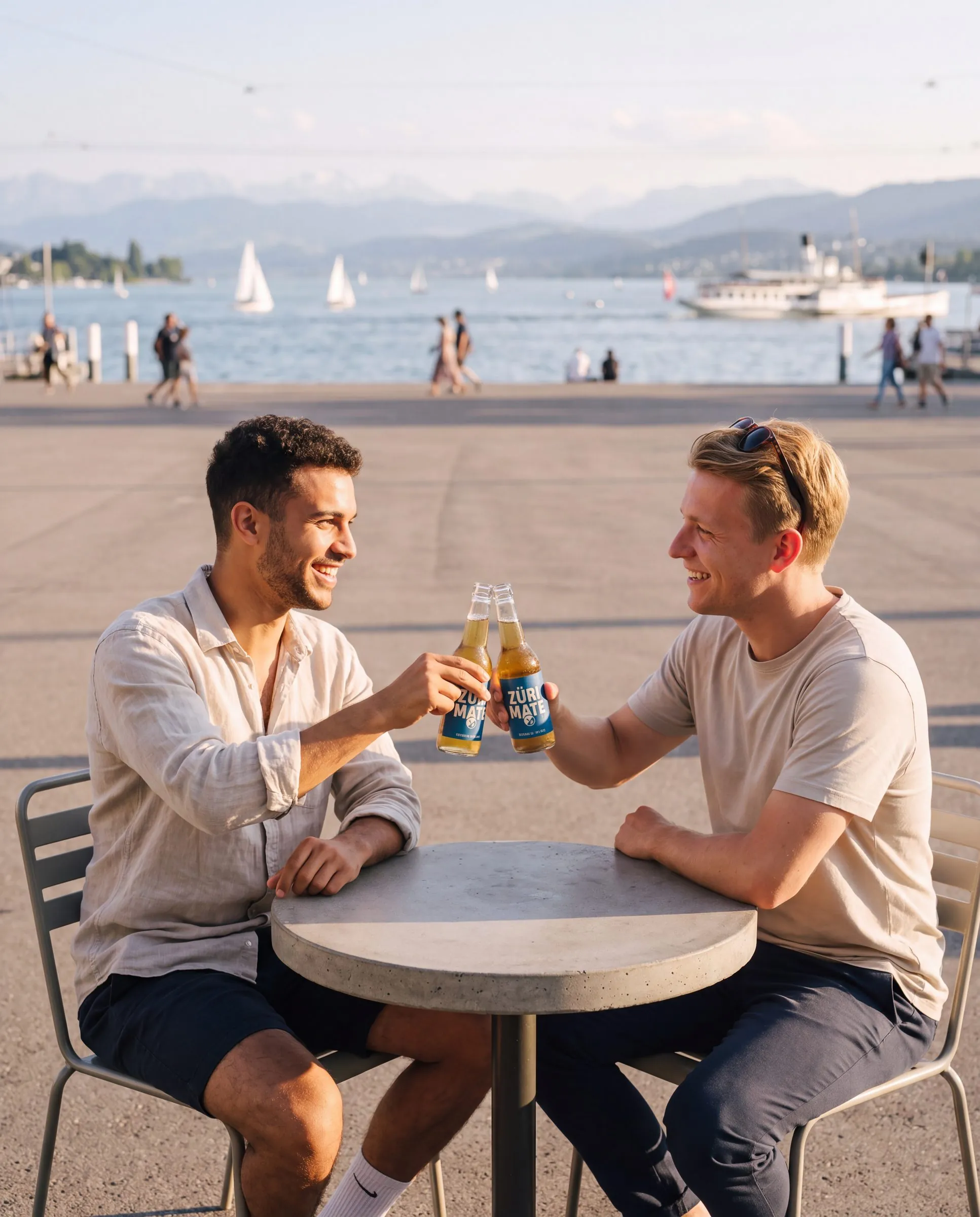 Die Gründer Luca Brunner und Nico Meier stossen am Zürichsee an
