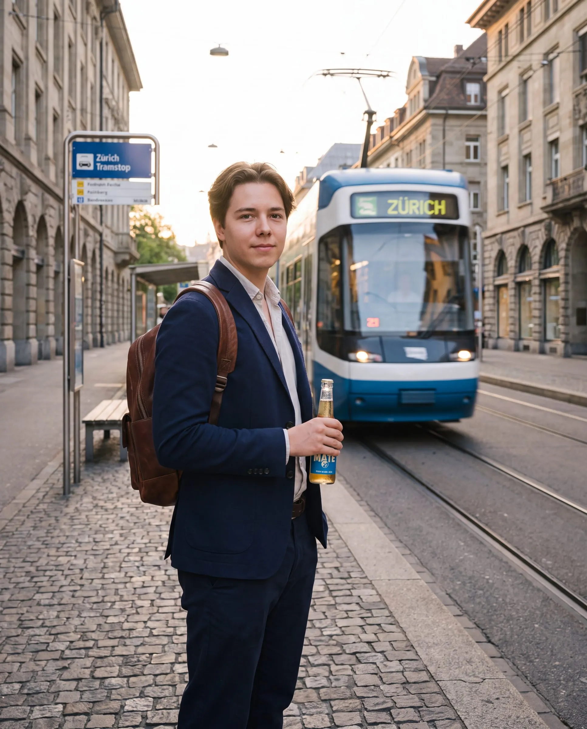 Junger Mann mit Züri Mate vor einem Zürcher Tram