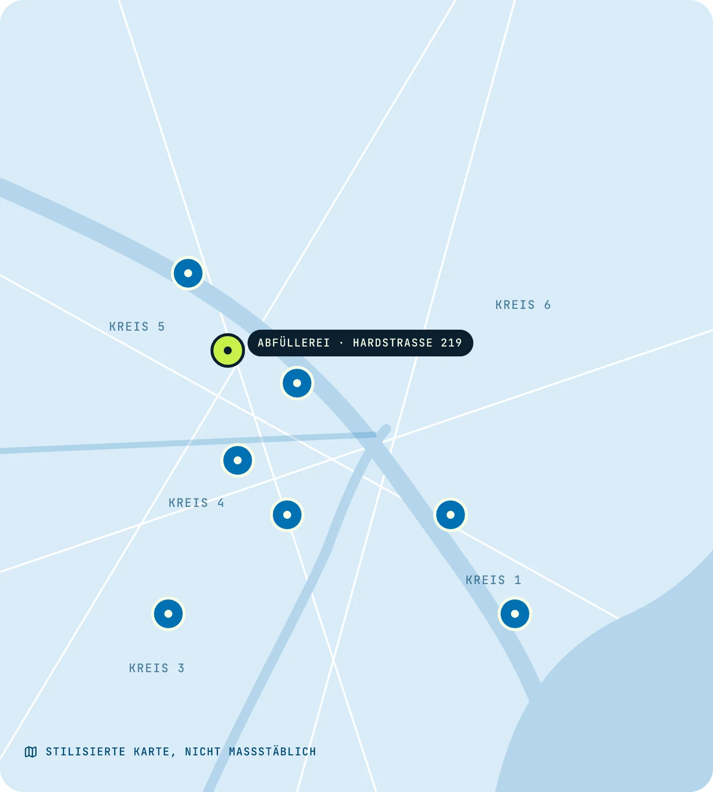 Stilisierte Karte von Zürich mit den Verkaufsstellen in den Kreisen 1, 3, 4, 5 und 6 und der Abfüllerei an der Hardstrasse 219